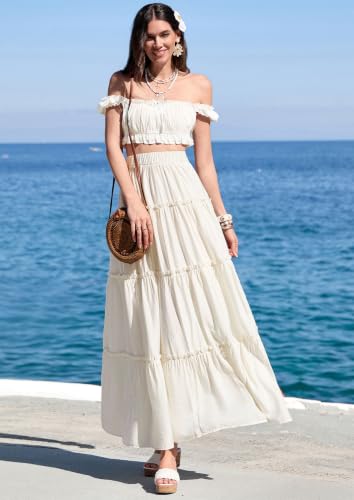 PRETTYGARDEN Women's Boho Tiered Ruffle Flowy Maxi Skirt - color: Beige, size: XX-Large