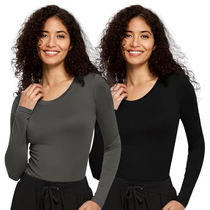 COZYFIT 2 Pack Underscrub Long Sleeve Women, Scrubs Undershirts, Crew Neck - color: Black/Grey, size: Medium