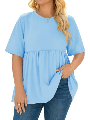 Beautife Womens Plus Size Babydoll Tops Summer Peplum Flowy Tunic Blouses - color: Light Blue, size: 5X-Large Plus