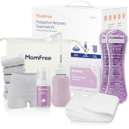 Postpartum Essentials Recovery Kit: Labor Delivery Post Partum 7 Pack Recovery Mom Care Set - Upside Down Peri Bottle | XL Disposable Underwear | Soothing Pads | Perineal Healing Foam | Canvas Bag