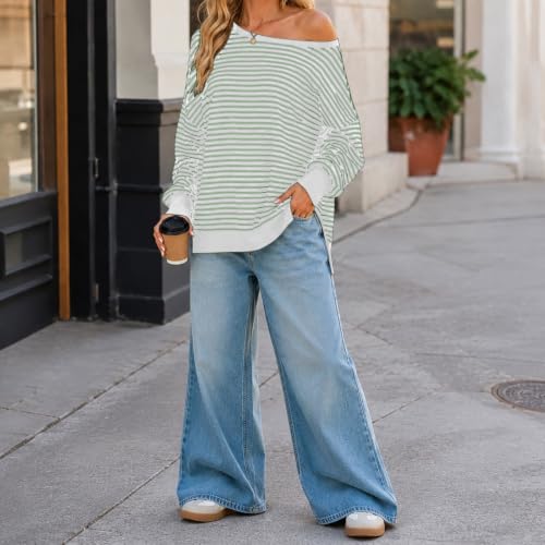 Fall Tops for Women 2026 off Shoulder Striped Top Long Sleeve Pullover Tops - color: Green, size: Small