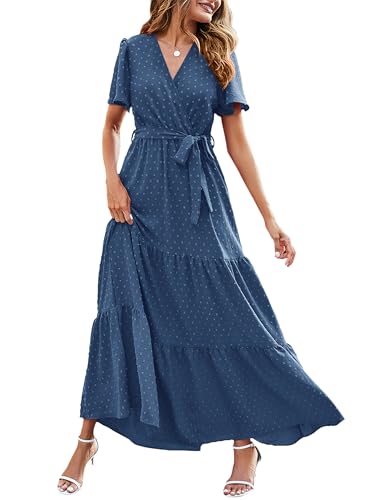 MASCOMODA Womens Summer Swiss Dot Maxi Dresses Wrap Boho Floral Long Dress - color: S-grey Blue, size: X-Large