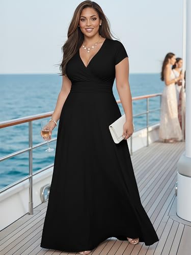 KOH KOH Womens 2026 Sexy Cap Short Sleeve V-Neck Flowy Cocktail Gown - color: Black, size: Medium