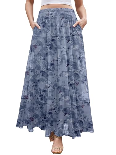 Women's Maxi Skirt with Pockets Casual A Line Pleated Skirt - color: Blue Watercolor, size: Medium