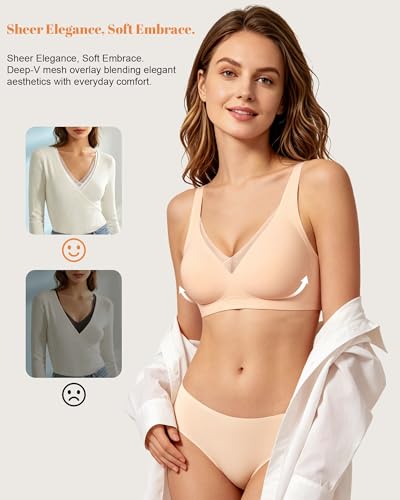 As Fairy Wireless Bras for Women Deep V Jelly Mesh Push Up Bra - color: Champagne Nude, size: 32B