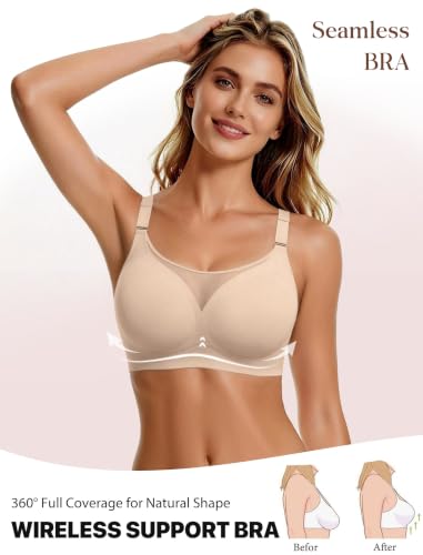 Avidlove Wireless Bras for Women Seamless Full Coverage Bra Mesh Comfy Bralette Tshirt Everyday Bras - color: Nude, size: Medium