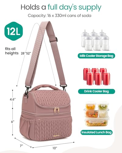 Breastmilk Cooler Bag, 12L Double Deck with Detachable Divider - color: Dusty Rose