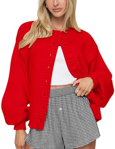 LOMON Womens Chunky Knit Cardigan Oversized Button Front Trend Sweater Tops - color: Red, size: Small
