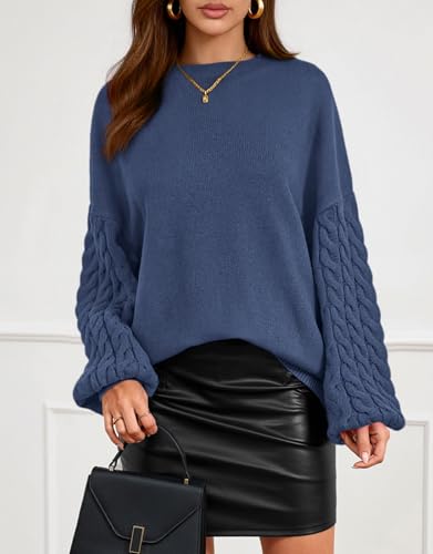 PRETTYGARDEN Womens Fall Sweaters 2025 Cable Knit Long Sleeve Crewneck Casual Chunky Pullover Oversized Sweater Outfits - color: Grey Blue, size: Medium