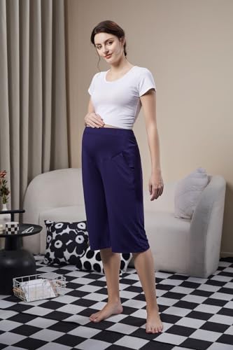 Maternity Lounge Capri Pants, Maternity Cropped Capri Pregnancy, Light Relaxed Soft Touch Trousers with Pockets - color: Navy Blue, size: Medium