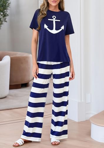 PRETTYGARDEN Pajamas for Women 2 Piece Lounge Set - color: Navy Blue, size: Medium