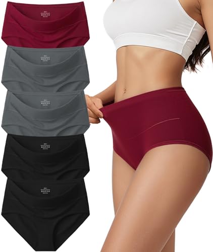 Vevmon Cotton Underwear for Women High Waisted Soft Ladies Panties 5 Pack - color: Black*2+grey*2+red*1, size: Medium