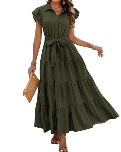 dowerme Women Ruffle Sleeve Button Belted Boho Maxi Dress - color: Army Green, size: Large