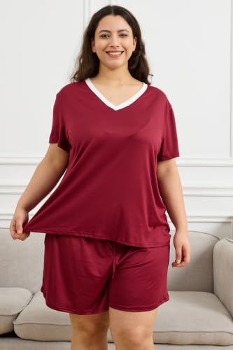 Plus Size Women Pajama Sets Summer Shorts Sleepwear V Neck PJS - color: Wine Red, size: 5X-Large