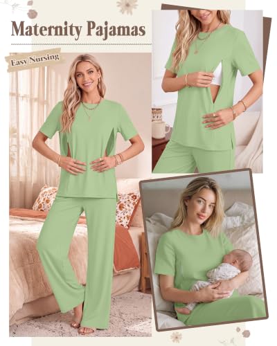 2Pc Postpartum Nursing Pajamas Set - color: Light Green, size: Small