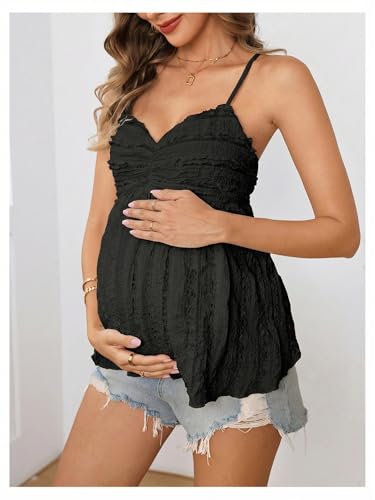 MakeMeChic Women's Maternity Babydoll Tank Tops Peplum Ruffle Cami Top - color: Black, size: Large