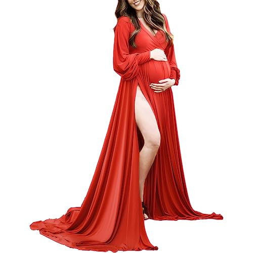 Long Sleeve Maternity Dress for Photoshoot Plus Size - color: 83 Red, size: Large