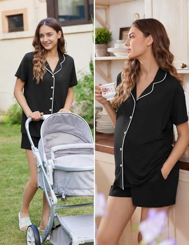Ekouaer Maternity Sets Postpartum Nursing Pajamas for Women Summer Outfits - color: Black, size: Medium