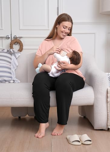 Rnxrbb 3 Piece Postpartum Nursing Pajamas Set Maternity Breastfeeding Pjs - color: 1-light Pink Black, size: X-Large