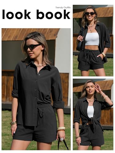 EXLURA Womens 2 Piece Sets Summer Cotton Long Sleeve Shirts Matching Shorts - color: Solid Black, size: X-Small
