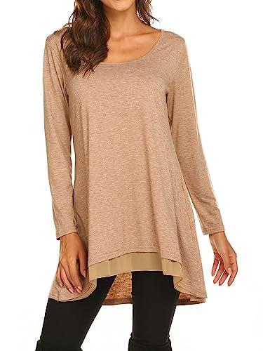 Poetsky Women's Long Sleeve Tunic Tops Layered Chiffon Hem Blouses Shirts - color: A-brown, size: Small