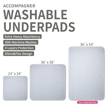 Accompagner Incontinence Bed Pads Washable Waterproof Underpads 36"x54" 2pc - color: Pearl Gray, size: 36"x54" (2 Pack)