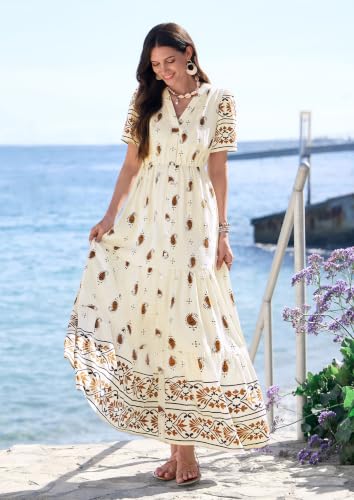 PRETTYGARDEN Womens Short Sleeve Boho Maxi Dress - color: Apricot, size: Medium