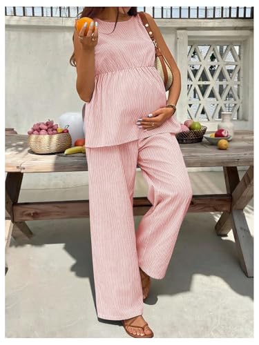 MakeMeChic Women's Maternity 2 Piece Outfits Striped Tank Top and Pants - color: Red and White, size: Medium