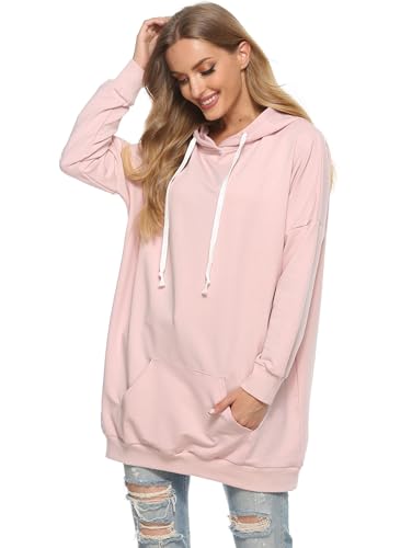 Famulily Womens Oversized Hoodie Extra Long Hooded Tunic Sweatshirt with Pockets - color: Pink, size: Medium