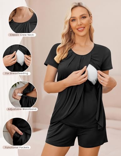 Ekouaer Women's Maternity Nursing Pajamas Set Breastfeeding Sleepwear Pjs - color: A-black, size: Large