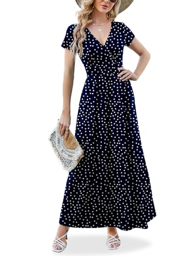 ANRILITA Women's 2026 Wrap V Neck Maxi Dress Short Sleeve Empire Waist Flowy Summer Long Dresses with Pocket Casual for Beach - color: Dot 02, size: XX-Large