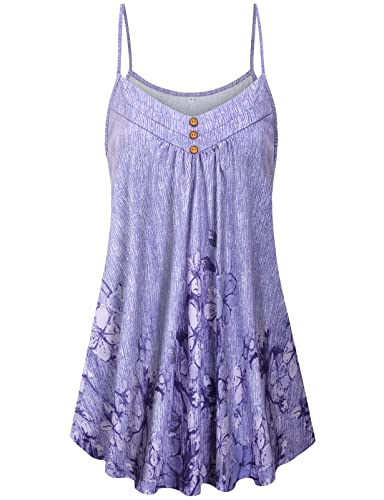 Viracy Women's Summer Button V Neck Pleated Spaghetti Strap Camisole Tank Tops (M-3XL) - color: 02-flower Purple, size: X-Large