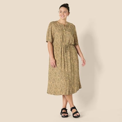 Amazon Essentials Women's Relaxed Fit Half-Sleeve Breathable Button Front Drawstring Waist Midi A-Line Dress with Pockets - color: Camel/Black - Mini Ikat Animal, size: Large