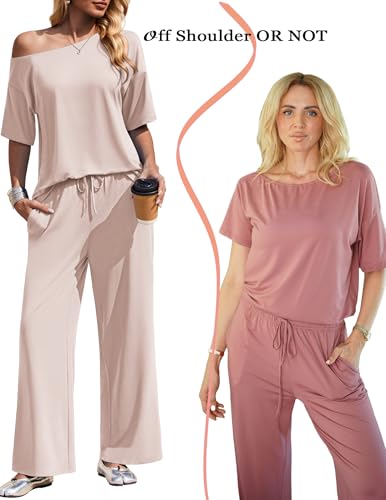 Ekouaer Women's Lounge Set Off Shoulder Short Sleeve Top & Long Pants Set - color: Beige, size: X-Large