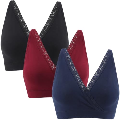 Wireless Cotton Nursing Bra for Sleep& Maternity, Pregnancy Breastfeeding Top, Adjustable Straps, Full Coverage - color: Black+navy Blue+red Wine/3pack, size: X-Large