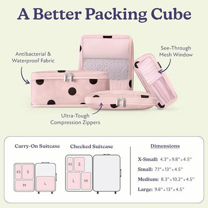 Vandel Space-Saving Compression Packing Cubes for Kids & Women, Carry On - color: 5. Pink Polka Dot, size: 4 Pack (Compression)