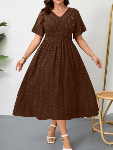 RWJ Women's Plus Size Maxi Dress V Neck Short Sleeve Swiss Dot Swing Summer - color: Chocolate Brown, size: Large Plus