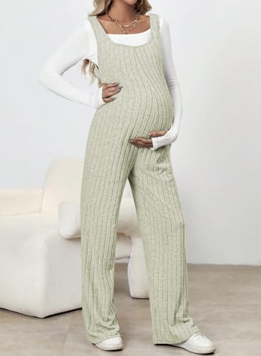 BLENCOT Maternity Jumpsuit Sleeveless Square Neck Wide Leg Pants Romper - color: Light Green, size: Medium