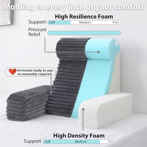 ENITYA 19" Large Back Pillow for Bed Sitting Up with Armrests & Big Pockets - color: Dark Grey, size: L(Under 5'3")