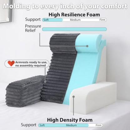 ENITYA 19" Large Back Pillow for Bed Sitting Up with Armrests & Big Pockets - color: Dark Grey, size: L(Under 5'3")