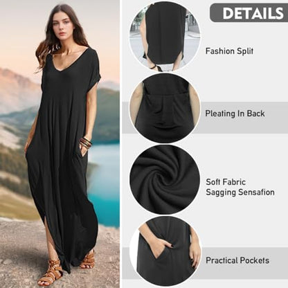 Women's Year-Round Casual Maxi Dress V-Neck Boho Long Dress with Pockets - color: 152 Black, size: Medium