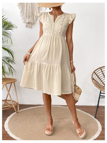 OYOANGLE Women's Maternity Dress Lace Trim Cap Sleeve Tiered Ruffle A Line Midi Dresses - size: Large