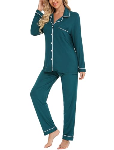 Leikar Button Up Pajamas For Women Long Sleeve Viscose Soft Pjs Lounge - color: Green, size: Small