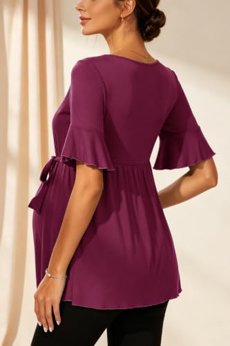 Women's Ruffle Maternity Tops Short Sleeve Wrap Tie Front Shirts Pregnancy Clothes - color: Plum, size: X-Large