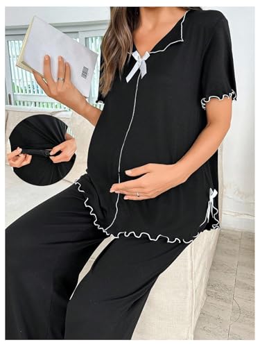 OYOANGLE Women's Maternity Pajama Set Bow Lettuce Trim Tops and Pants - size: Large