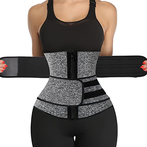 KIWI RATA Neoprene Sauna Waist Trainer Corset Sweat Belt for Women Compression Cincher Band Workout Fitness Back Support - color: #1 Zipper Grey(9 Steel Bones 2 Straps), size: X-Small