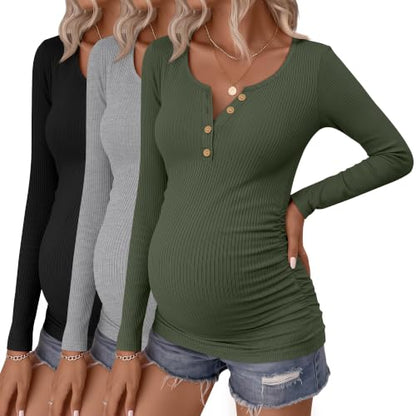 Huukeay 3 Pack Womens Maternity Long Sleeve Shirts - color: Army Green, Light Heather Gray, Black, size: Medium