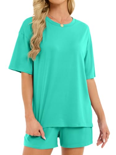 Women's 2 Piece Short Sets Loose Lounge Sets Summer Matching Sets - color: Turquoise, size: XX-Large