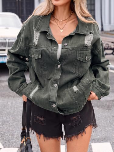 LifeShe Women's oversized Jean Jacket distressed denim Coat with Pockets - color: Green, size: Small