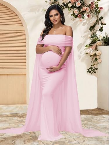 Maternity Mesh Off Shoulder Chiffon Cloak Maxi Photoshoot Dress - color: Pink, size: X-Large